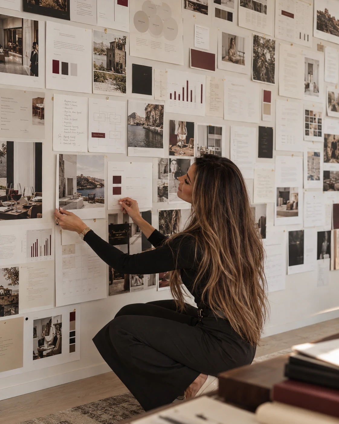 Chloe reviewing planning materials on a large studio wall