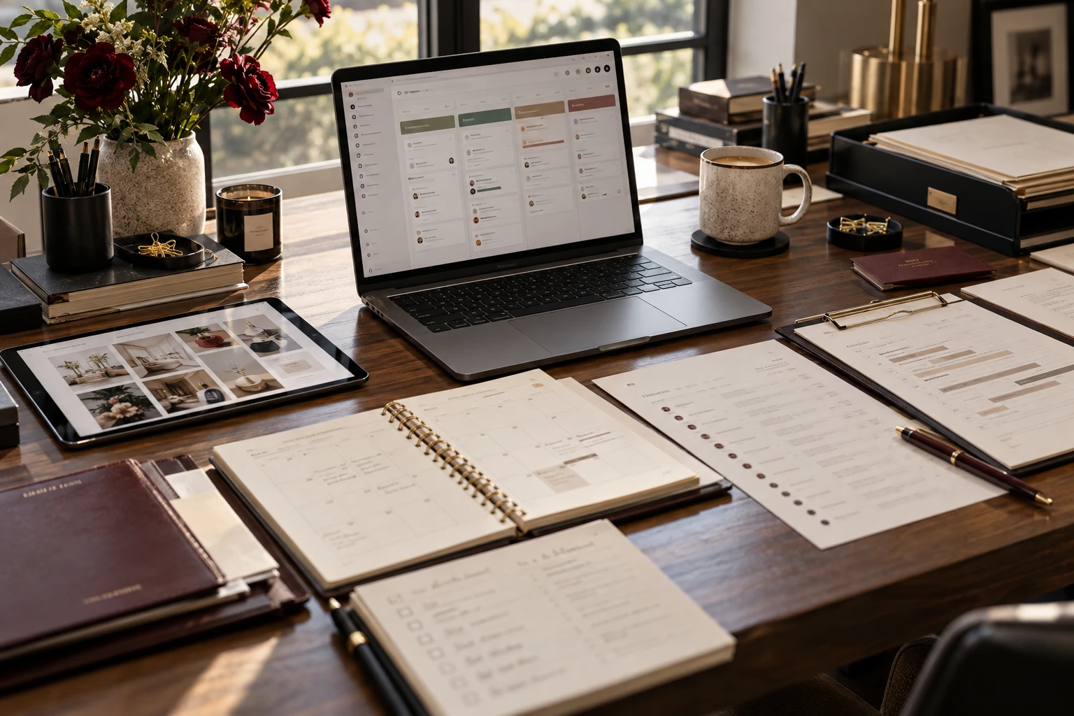 Organized project command center with MacBook, iPad, calendars, timelines, and planning materials