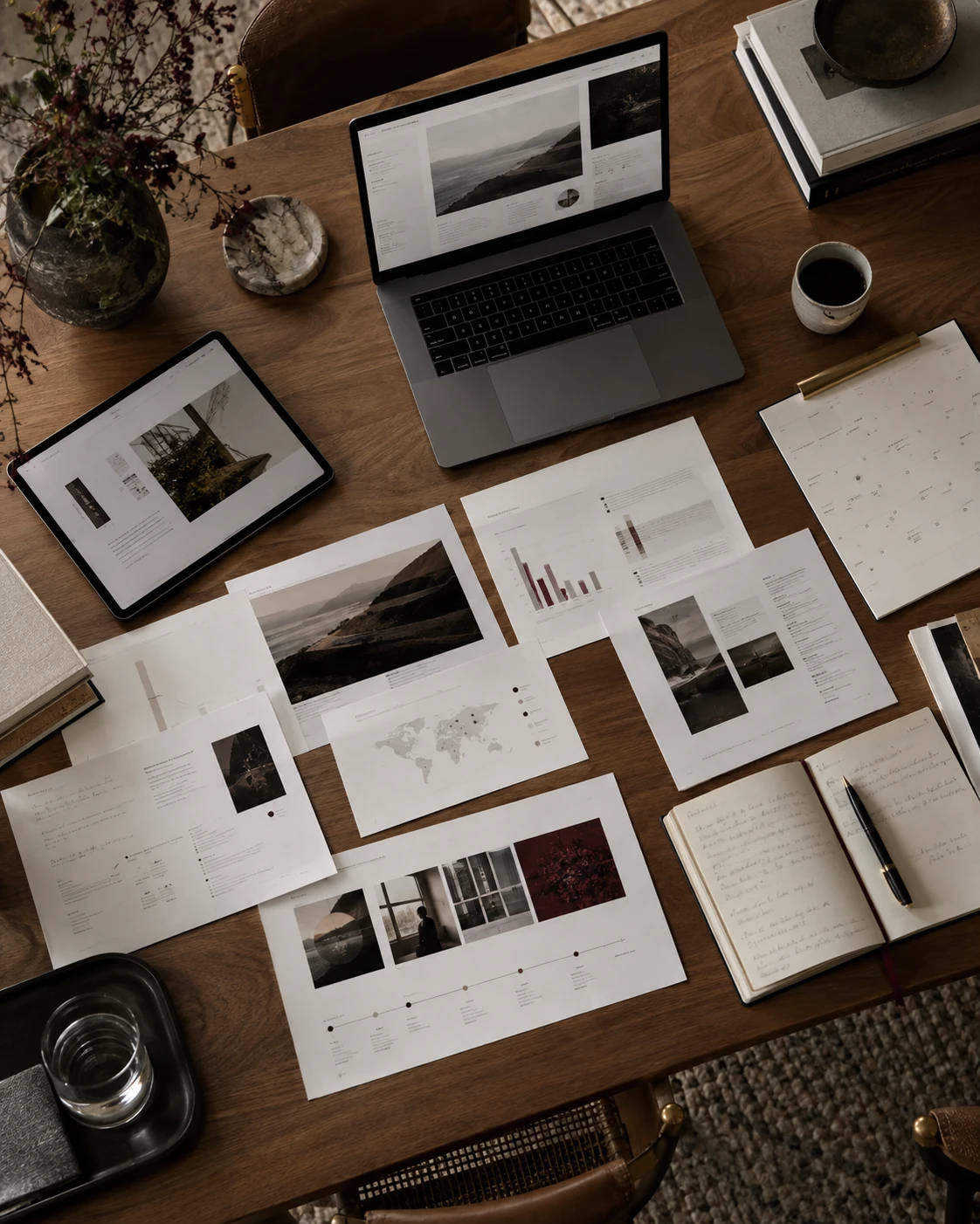 Overhead strategy workspace with research pages, MacBook, iPad, calendar, and notebook